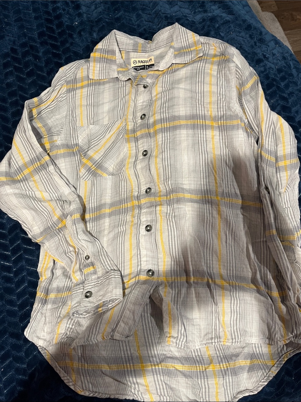 Magellan Outdoors Plaid Boyfriend Button-Up Shirt in Gray and Yellow